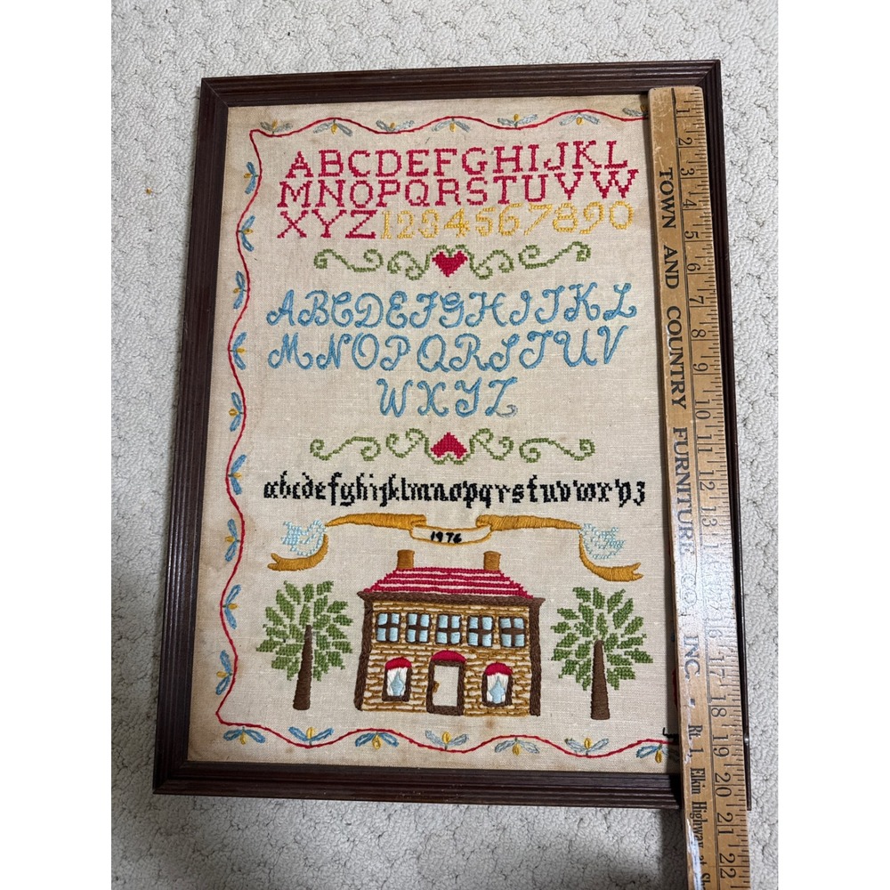 Vintage 1976 Framed Cross Stitch Alphabet Sampler Colonial House  22" x16"frame